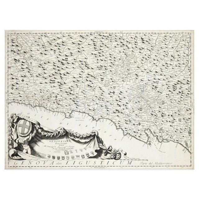 Genova olim ligusticum is a charming antique map etched on paper, representing the ''genovesato parte orientale'' or the...
