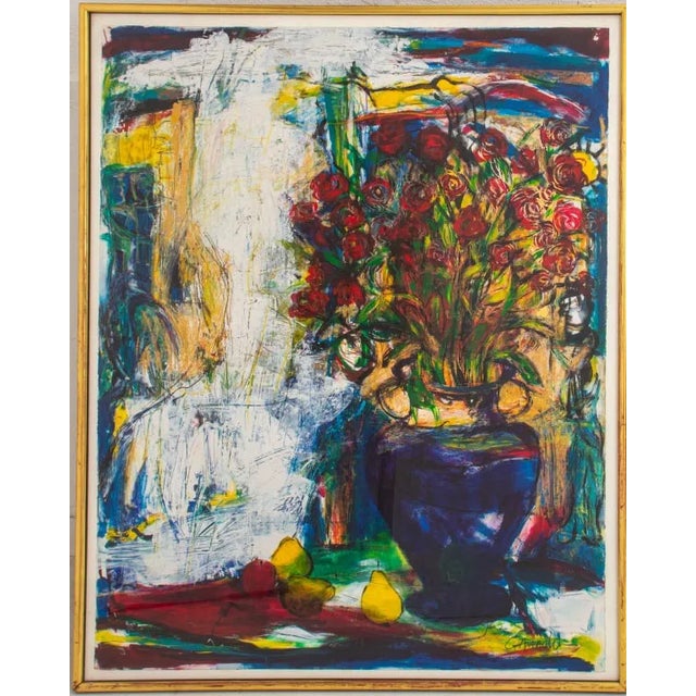 A 20th-century abstract expressionist still life, featuring a lush bouquet of red roses in a deep blue vase, complemented...