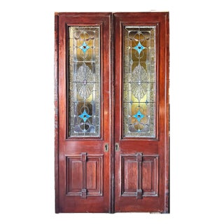 Antique Pocket Doors Mahogany With Stained Glass - A Pair For Sale