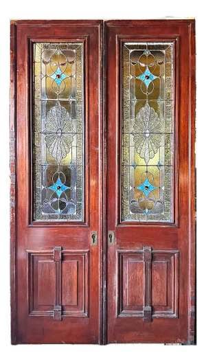 Pocket Doors Antique Mahogany With Stained Glass - A Pair