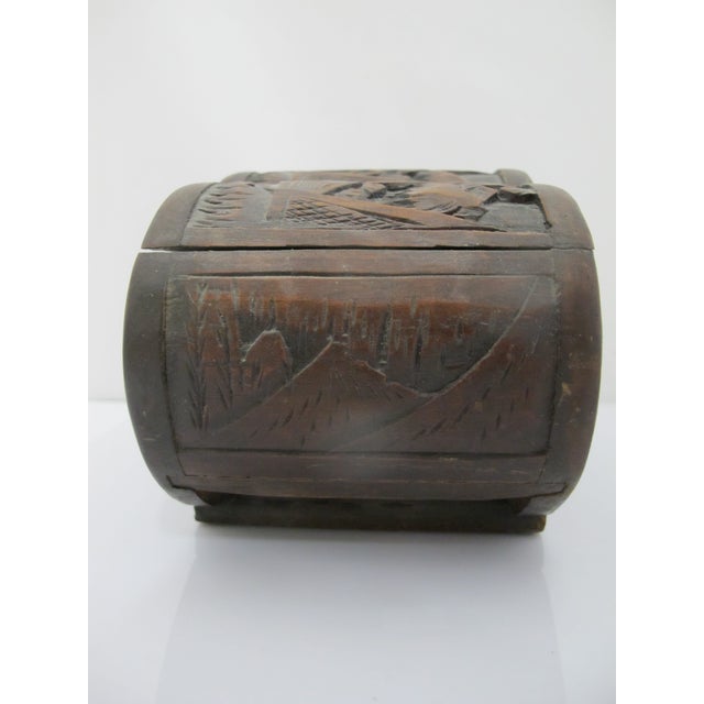 Chinese Carved Camphor Wood Landscape & Figural Cylindrical Lidded Trinket Box For Sale - Image 9 of 13