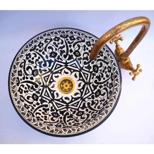 Not Yet Made - Made To Order Moroccan Paint Bowl Black White Flower Ceramic Countertop Vessel Sink For Sale - Image 5 of 6