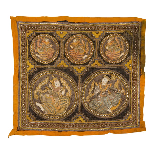 Orange and Yellow Antique Tapestry with Sequins For Sale