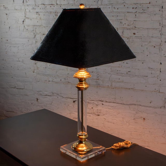 Transparent Late 20th Century Neoclassic Revival Lucite and Brass Candlestick Table Lamp For Sale - Image 8 of 18