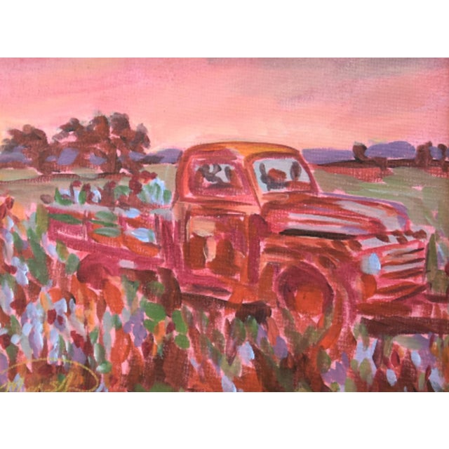 Vintage Red Truck in Field Painting Including the Antiqued Gold Wood Frame For Sale - Image 4 of 6