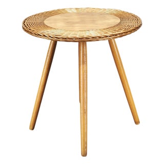 Rattan and Beech Side Table from Jan Kalous, Czechoslovakia, 1970s For Sale
