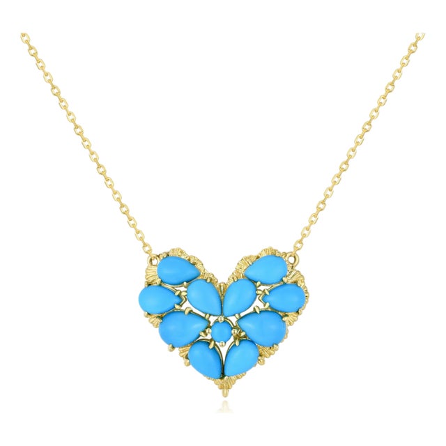 Nina Zhou Fantasy 4.40ctw Turquoise Heart Pendant Necklace in 14k Yellow Gold For Sale