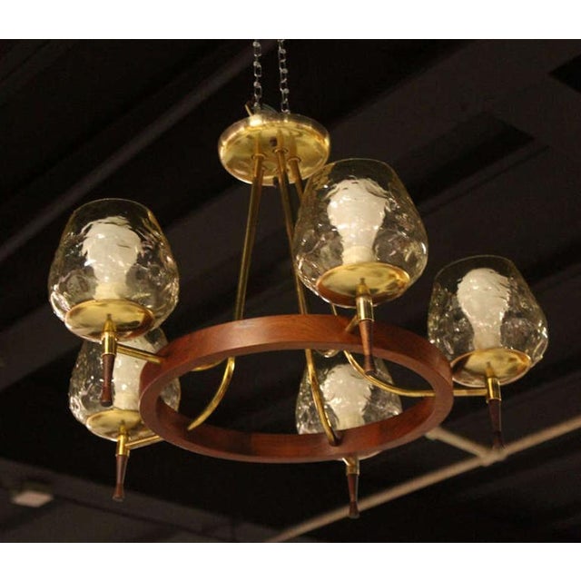 Brass Brass & Walnut Danish Modern Five-Light Champagne Glass Shades Chandelier For Sale - Image 8 of 10