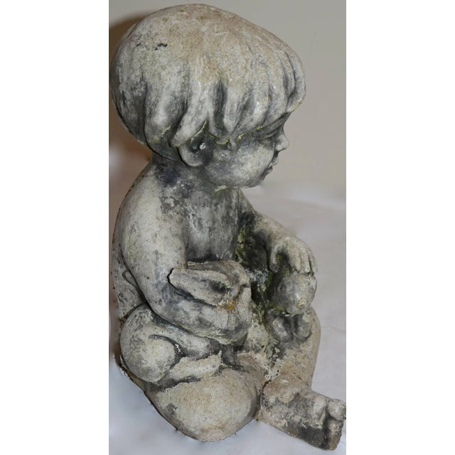 Midcentury Concrete Statue of Baby Holding Bunnies For Sale - Image 4 of 10