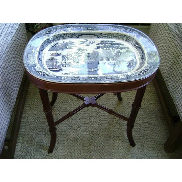 Blue Willow platter & faux bamboo mahogany table base. The removable platter measures 18.5" x 14". No chips, cracks or...