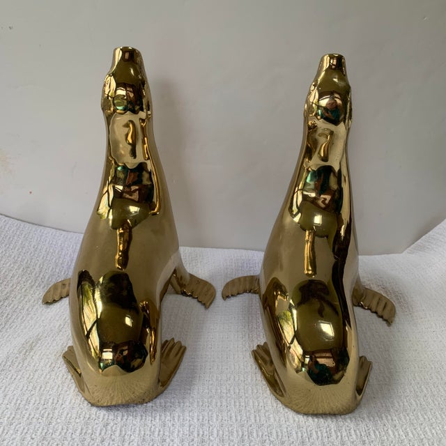Metal 1970s Solid Brass Sea Lion Bookends, Figurines, Sarried Ltd, Large 11” High For Sale - Image 7 of 16