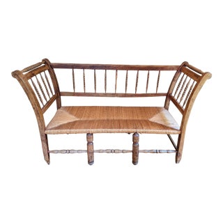 Antique French Spindle Rush Seat Bench For Sale