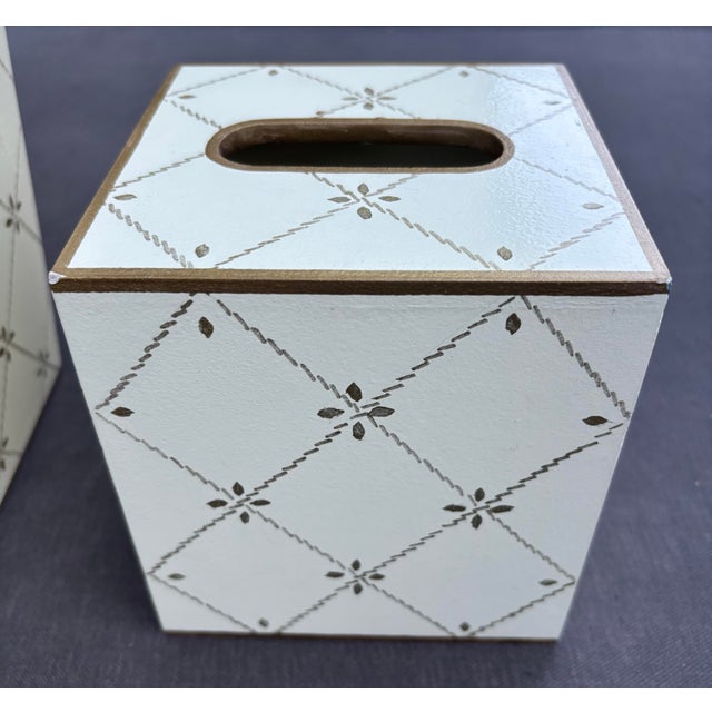 Ivory Allen G Designs Hand-Painted Ivory & Gold Wastebasket & Tissue Box Set For Sale - Image 8 of 11
