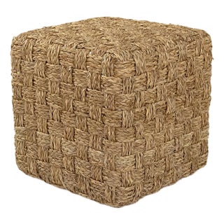 Woven Seagrass Basketweave Cube Pouf, Medium For Sale