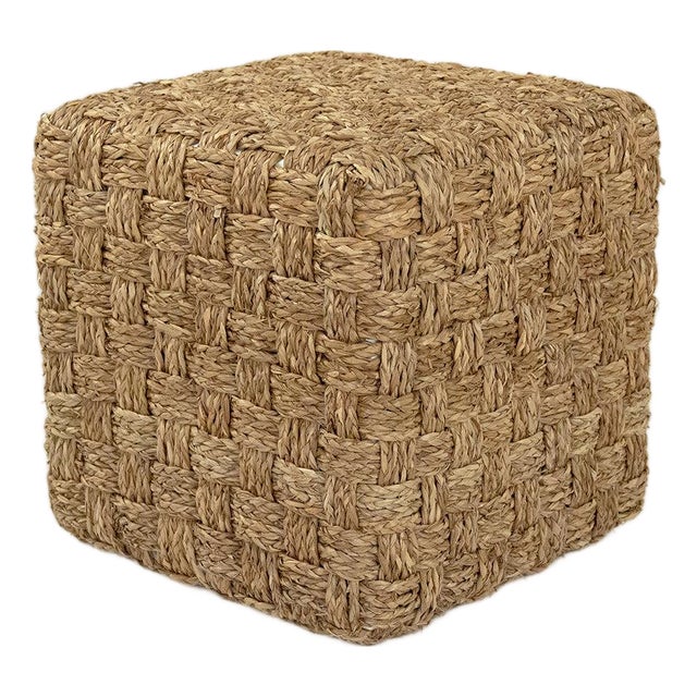 Woven Seagrass Basketweave Cube Pouf, Medium For Sale