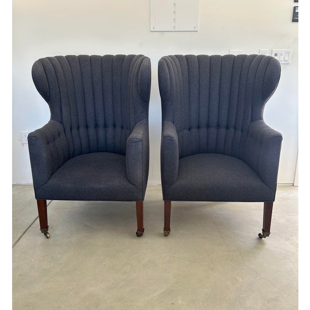 2010s A Pair of Custom Bench-Made Georgian Style Wingback Chairs by Cisneros Upholstery (Chicago) – Wool Flannel For Sale - Image 5 of 8