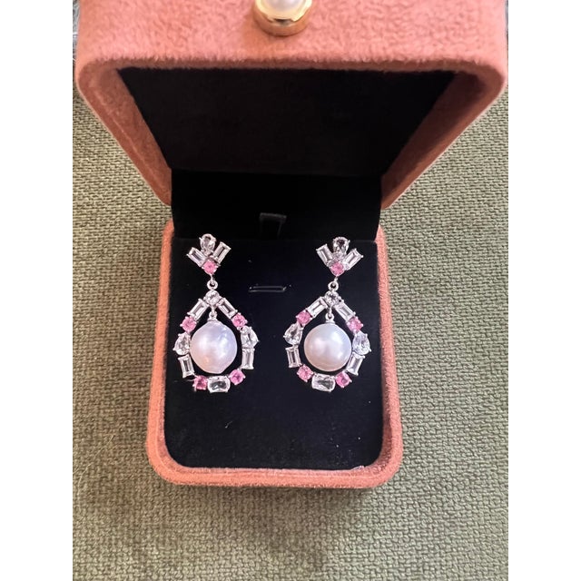 Bochic "Orient" Vintage Pink Sapphire & White Pearls Earrings 18K Gold & Silver For Sale - Image 11 of 18