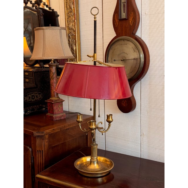 1900s Brass Bouillotte Lamp With Adjustable Red Tole Shade For Sale - Image 6 of 7