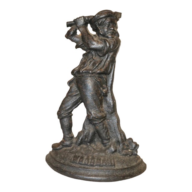 Rare Large Antique 1800's Solid Cast Iron Figural Man With Hatchet Doorstop For Sale