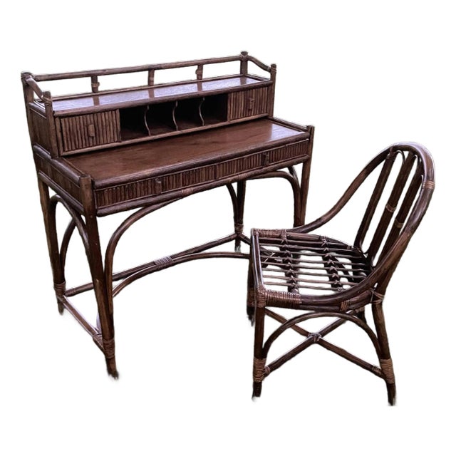 Vintage Bamboo/Rattan Desk and Chair 1960s, Set of 2 For Sale