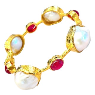 Bochic “Capri” Vintage Ruby & South Sea Pearl Bangle in 18K Gold & Silver For Sale