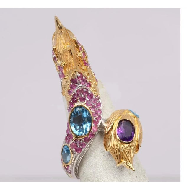Mid-Century Modern 1990s Sterling Gold, Ruby, Amethyst & Emerald Gemstone D Dragon Ring Size 9 For Sale - Image 3 of 7