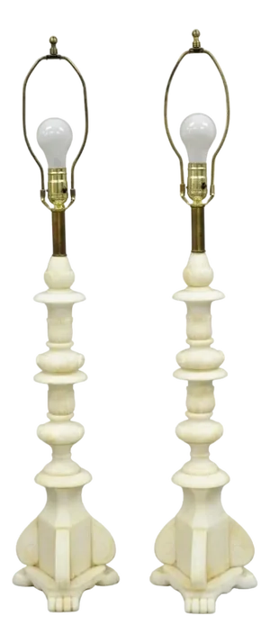 Antique Italian Neoclassical Carved Alabaster Marble Column Table Lamps - A Pair
