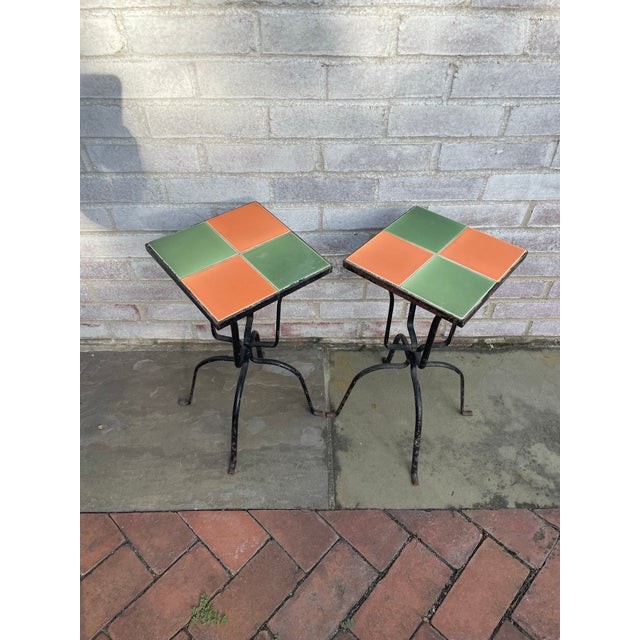 Pair of Vintage Tile Top Iron Side Tables For Sale - Image 4 of 5