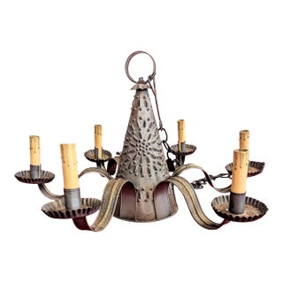 Vintage Hand-Punched Tin Witch's Hat 6-Arm Chandelier – By Irvin's Country Tinware For Sale