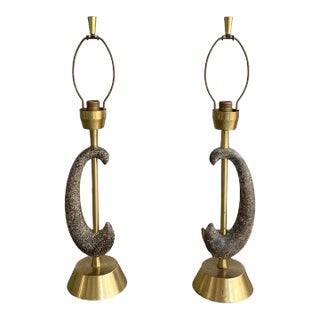 Pair of 1950s Brass and Ceramic Arc Table Lamps by Kelby For Sale