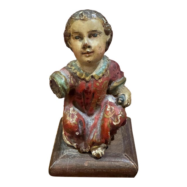 18th Century Polychromed Wooden Santos Sculpture- Christ Child Holding a Sparrow- On Stand For Sale