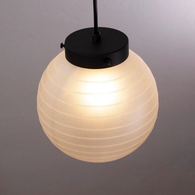 Glass Suspension Light with White Murano Glass Sphere with White Striped Decoration, Italy, 1980s For Sale - Image 7 of 10