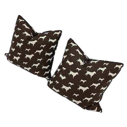 Pair of vintage dog silhouette pattern pillows. Depicts silhouettes of different dog breeds in a pattern. Down Filled with...