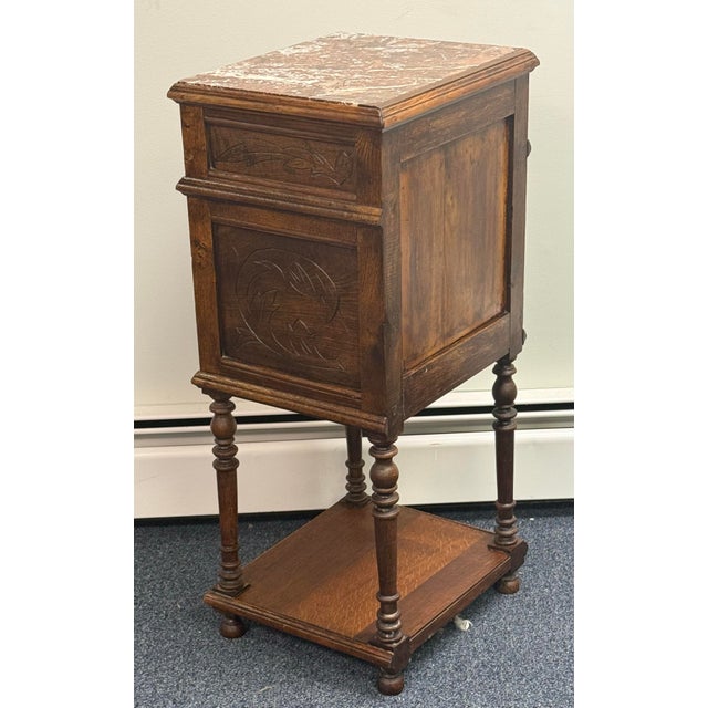 Brown Antique French Breton Carved Oak Marble Too Nightstand For Sale - Image 8 of 12
