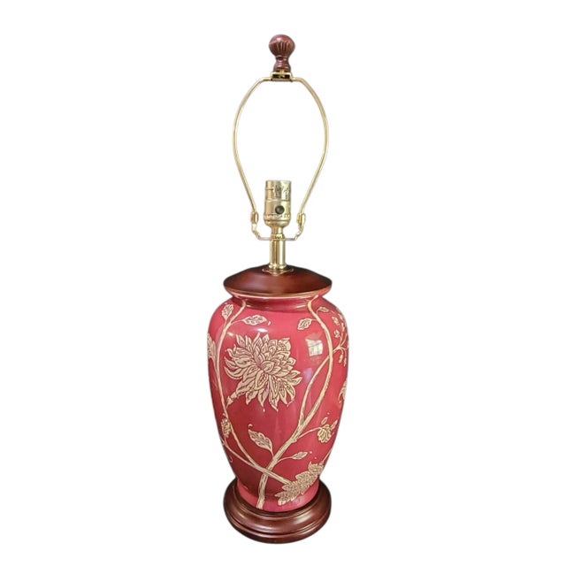 Vintage Asian Inspired Painted Chrysanthemum Floral Red Table Lamp For Sale - Image 10 of 10