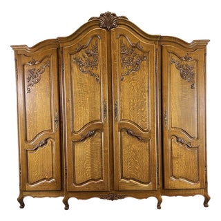 Vintage French Louis XVI Style Carved Oak 4-Door Wardrobe For Sale