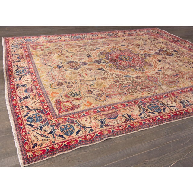 Vintage Persian Tabriz Handmade Beige Wool Rug For Sale - Image 4 of 13