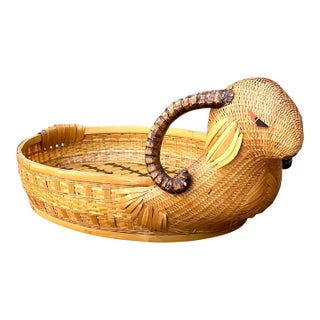 Vintage Shanghai Weave Handcrafted Rattan Rams Head Tray For Sale