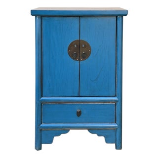 Oriental Distressed Cerulean Blue Medallion Hardware End Table Nightstand For Sale