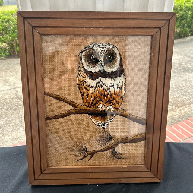 Fantastic original signed, mid-century owl painting. The painting has done on the glass. A complementary burlap is mounted...