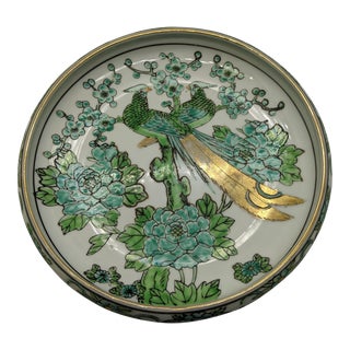 1970s Hand-Painted Japanese Green and Gold Imari Peacock Catchall Bowl For Sale