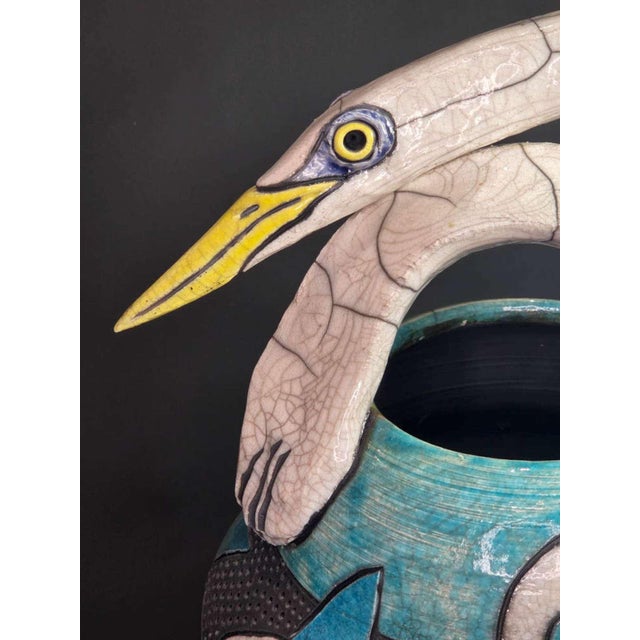 Figurative Vintage Designer Raku Pottery Vase With Birds For Sale - Image 3 of 11