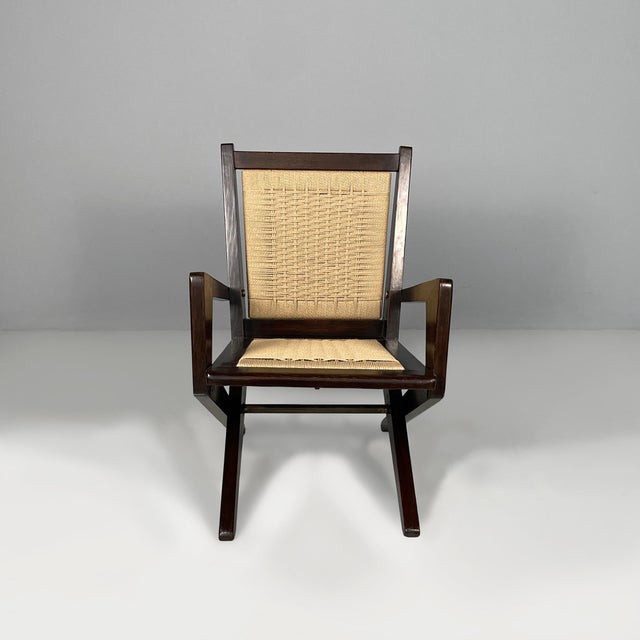 Italian Mid-Century Modern wood and straw armchairs, 1940s. Pair of armchairs with rectangular woven straw seats and...