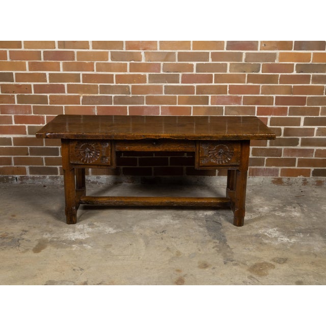 Early 19th Century French 1800s Walnut Desk with Three Drawers, Carved Floral Motifs and Patina For Sale - Image 5 of 12