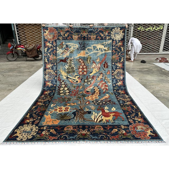 Blue Afghan Pictorial Tree of Life Hand-Knotted Wool Rug - 9'9" X 6'7" For Sale - Image 4 of 17