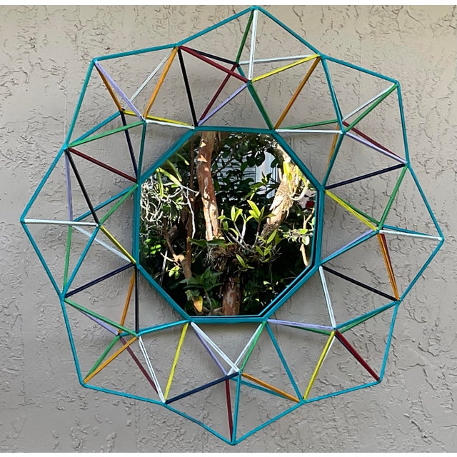 Funky One-of-a-Kind Hand-Painted Geometric Metal Mirror – 3d Sunburst Wall Art For Sale - Image 18 of 18