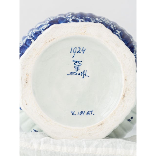 Antique Hand-Painted Chinoiserie Blue and White Ceramic Table Lamp with Silk Shade from Royal Delft, 1924 For Sale - Image 4 of 13