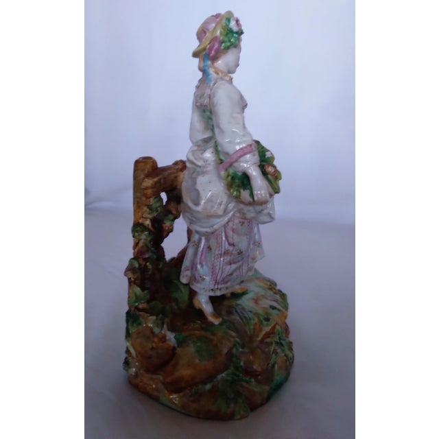 Rococo Antique German Rococo-Style Hand-Painted Porcelain Figurine of a Lady With a Basket and Puppy For Sale - Image 3 of 5