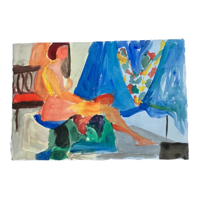 1980’s Original Female Figure in Interior Abstract Expressionist Watercolor Painting For Sale