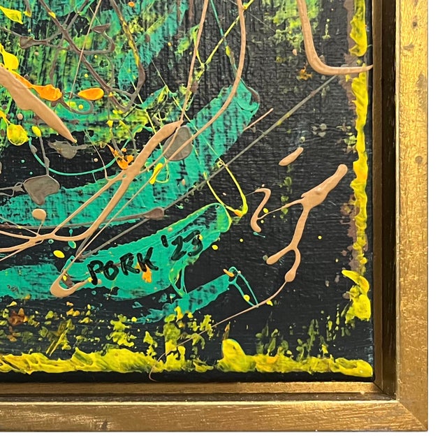Yellow Vibrant Modern Abstract Drip Painting - Framed - Signed For Sale - Image 8 of 11